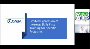 A webinar slide details Skills First training programs offered by CAQA and Career Calling International.