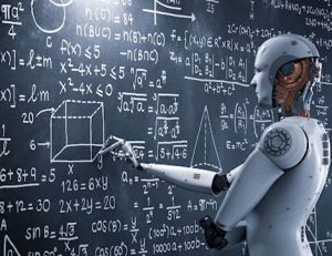 A robot teaching mathematics highlights the evolving role of AI in online education.