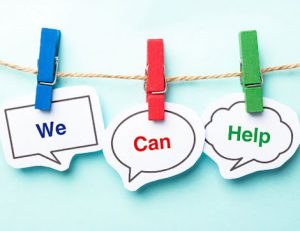 Bright speech bubbles offer assistance, highlighting helpful online resources.
