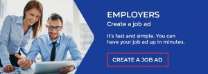 Employers are shown creating job advertisements, highlighting quick and easy recruitment.