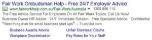A Google ad for Fair Work Ombudsman provides free employer advice in Australia, highlighting the importance of vet.