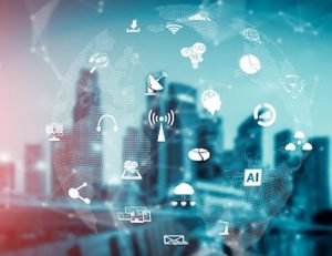 A digital network connects a futuristic city, representing technology in reasonable adjustments for vet training.