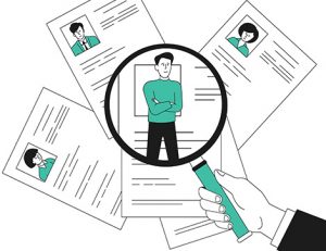 A recruitment process is shown with a magnifying glass over resumes, highlighting the need for CAQA staff.