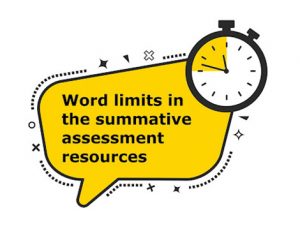 A graphic illustrates word limits for summative assessment, emphasizing clear boundaries for student responses.