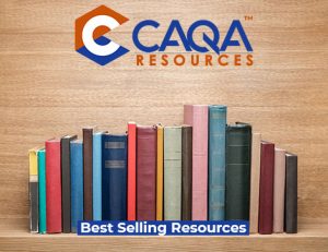 CAQA Resources logo above a bookshelf displaying popular training resources for the vet sector.
