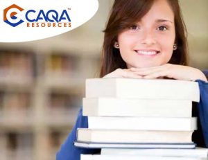 A young woman studies with books, highlighting available CAQA resources.