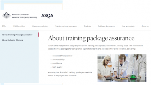 ASQA details its role in national training package assurance, supporting vet compliance.